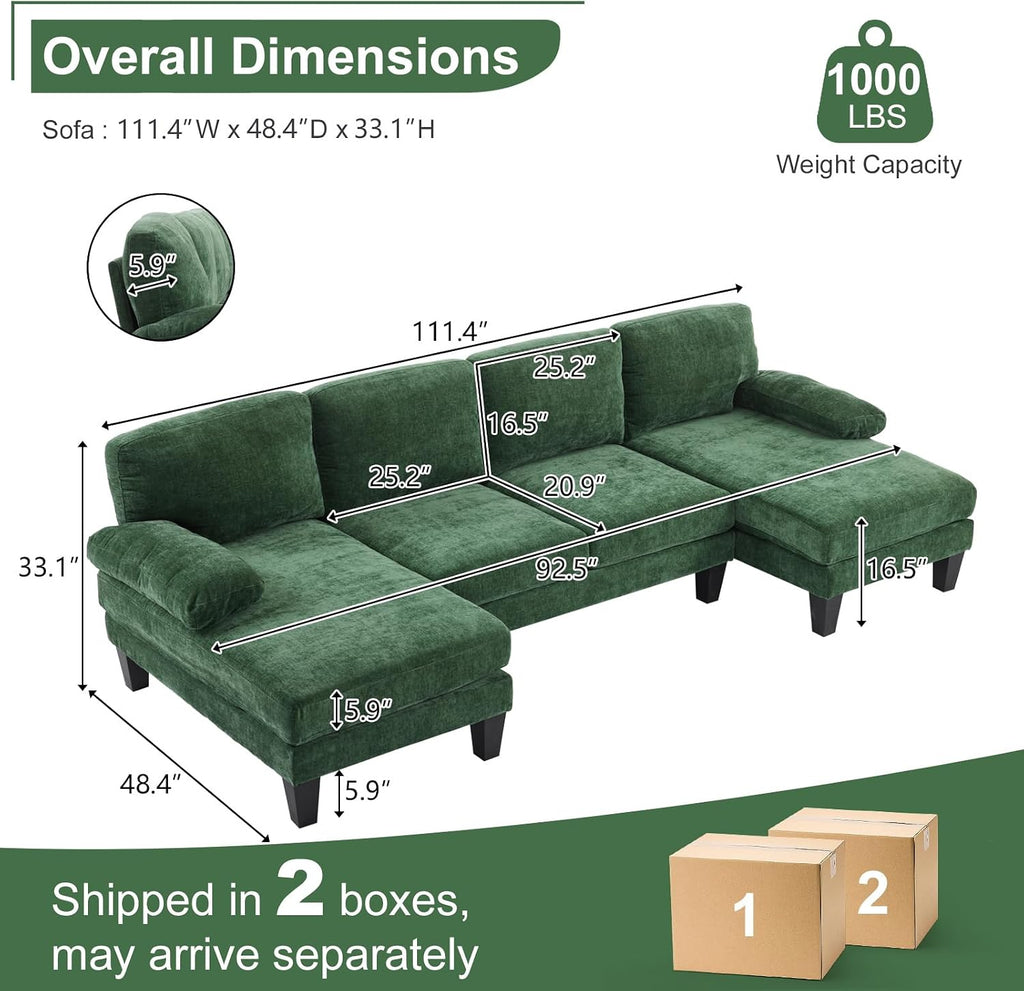 Karl home 111' Sectional Sofa U-Shaped 4-Seat Couch with Chaises Wood Grian Legs Chenille Fabric Upholstered for Living Room, Apartment, Office, Green