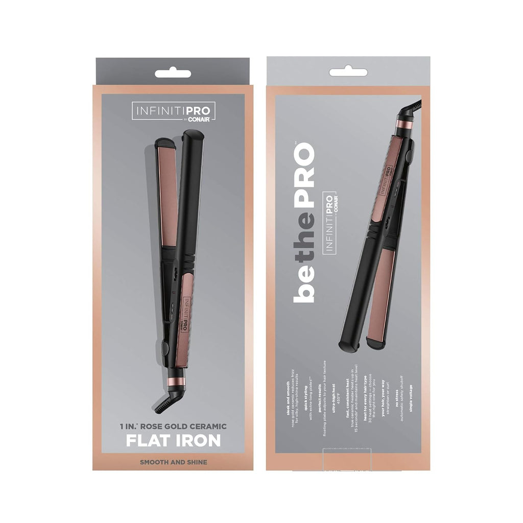 Infiniti PRO CONAIR Rose Gold Ceramic Flat Iron Hair Straightener,1-Inch Flat Iron with Extra-Long Plates,Including a Floating Plate,Advanced Heat Technology,Black,(Pack of 3)