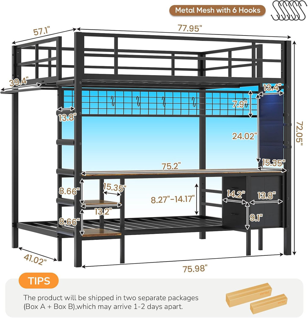 DICTAC Full Over Twin Bunk Bed with Desk and Charging Station Metal Full Over Twin Size Bunk Bed with Led Lights,Storage Shelves and Drawers,Bunk Beds for Teen/Adult with Safety Guard & Stairs,Black