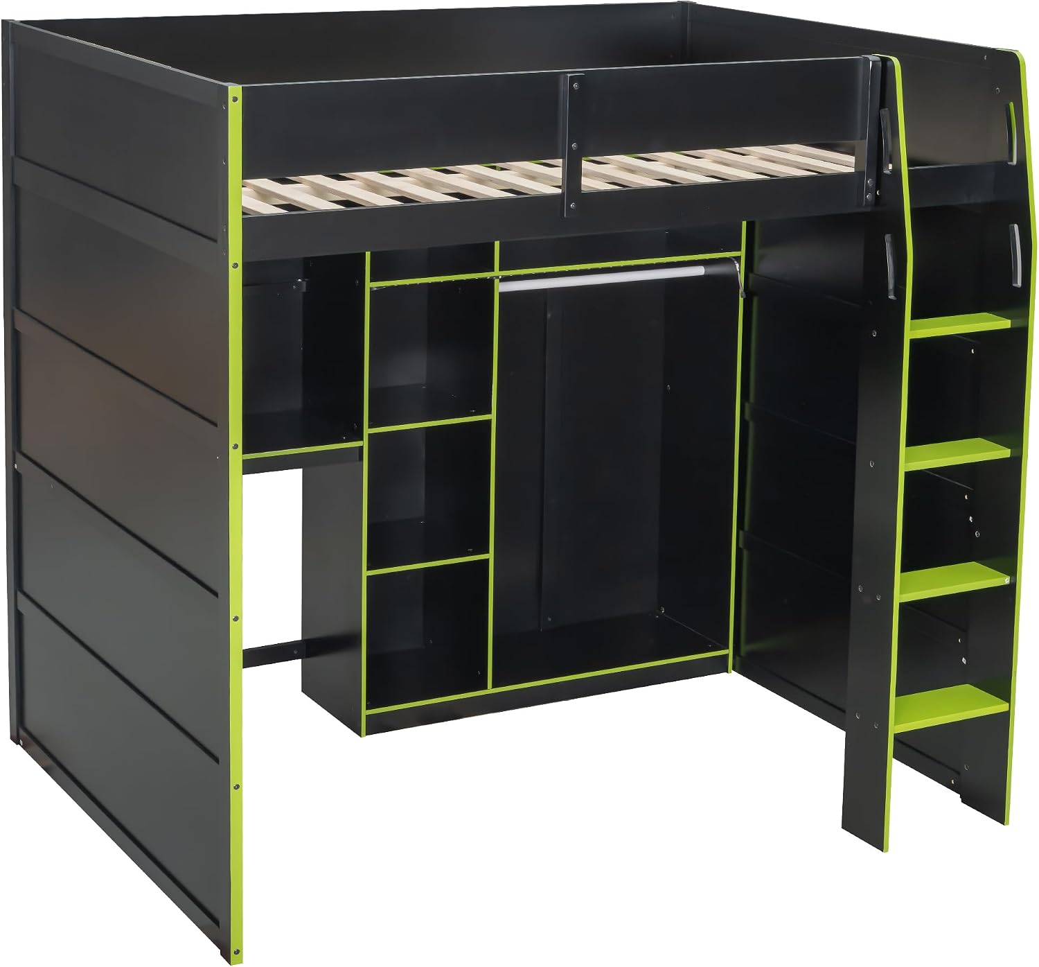 Merax Wood Loft Bed with Desk, Open Wardrobe, Storage Compartments and RGB Lights, Full Size, Green