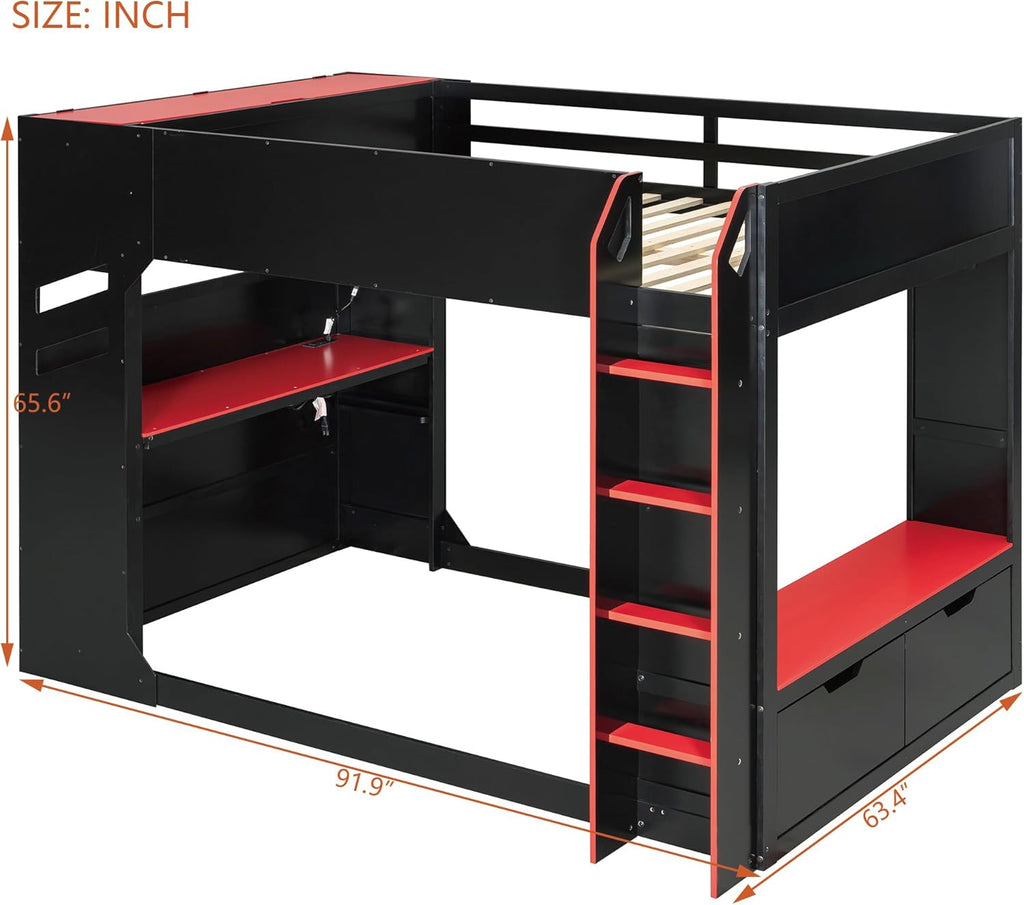 Merax Wood Loft Bed with Height-Adjustable Desk,Drawers,Storage Compartments,Hanging Rod and RGB Lights, Full Size, Red