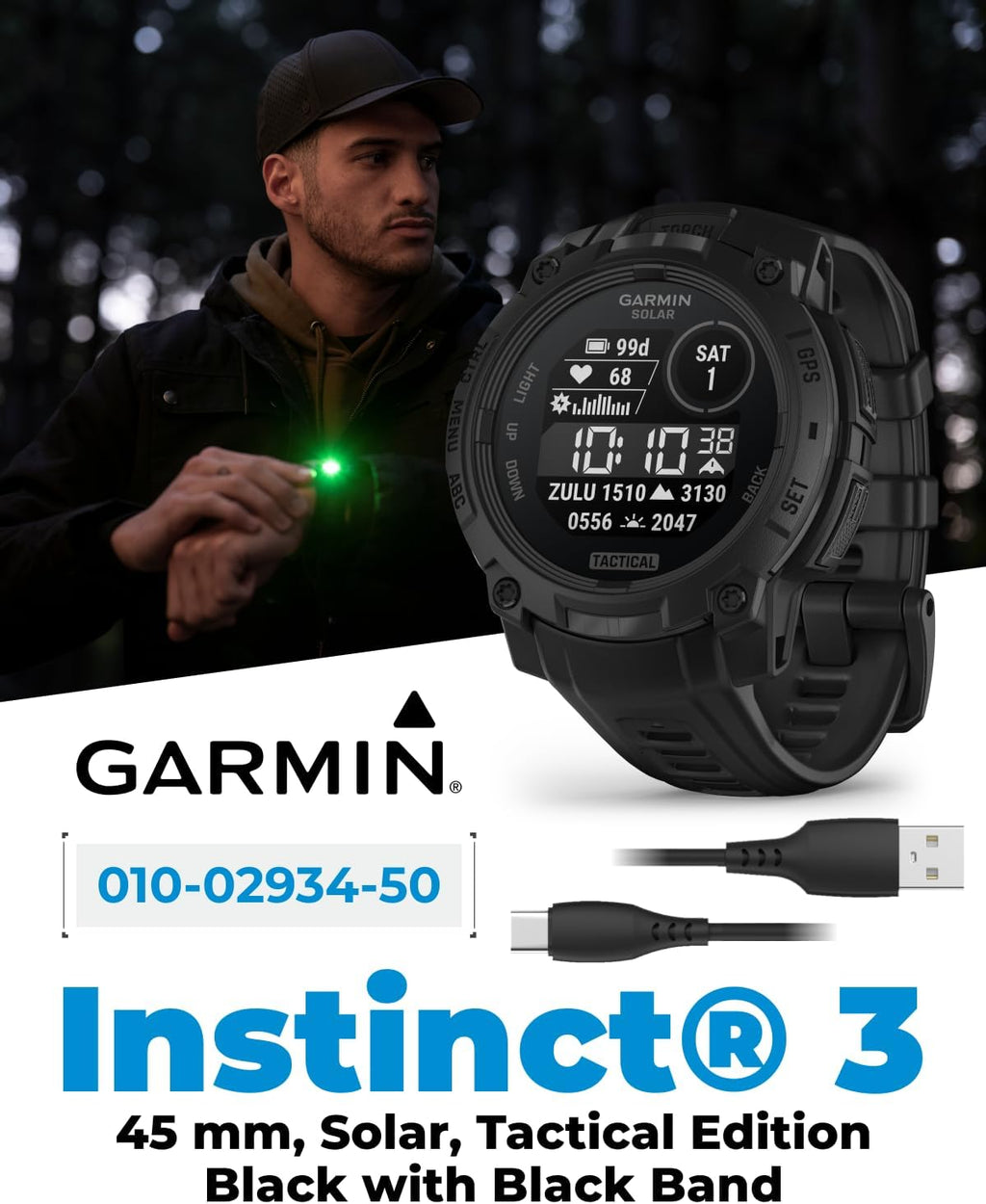 Garmin Instinct 3 Tactical Edition, Solar Charging Display, 45mm, Rugged Outdoor GPS Smartwatch, Applied Ballistics Support, LED Flashlight, Multi-Band GPS White Earbuds Bundle