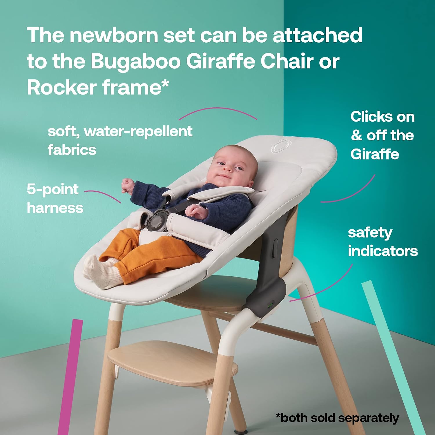 Bugaboo Giraffe Newborn Set – Padded Infant Seat Insert with 5-Point Harness – Ergonomic Baby Lounger Attachment for Giraffe High Chair & Rocker Frame – Birth to 6 Months - Polar White