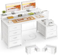 52 Inch Office Desk with 6 Drawers and Printer Space for Storage, Reversible Computer Desk with Monitor Stand & Power Outlets, Home Office Desks, White