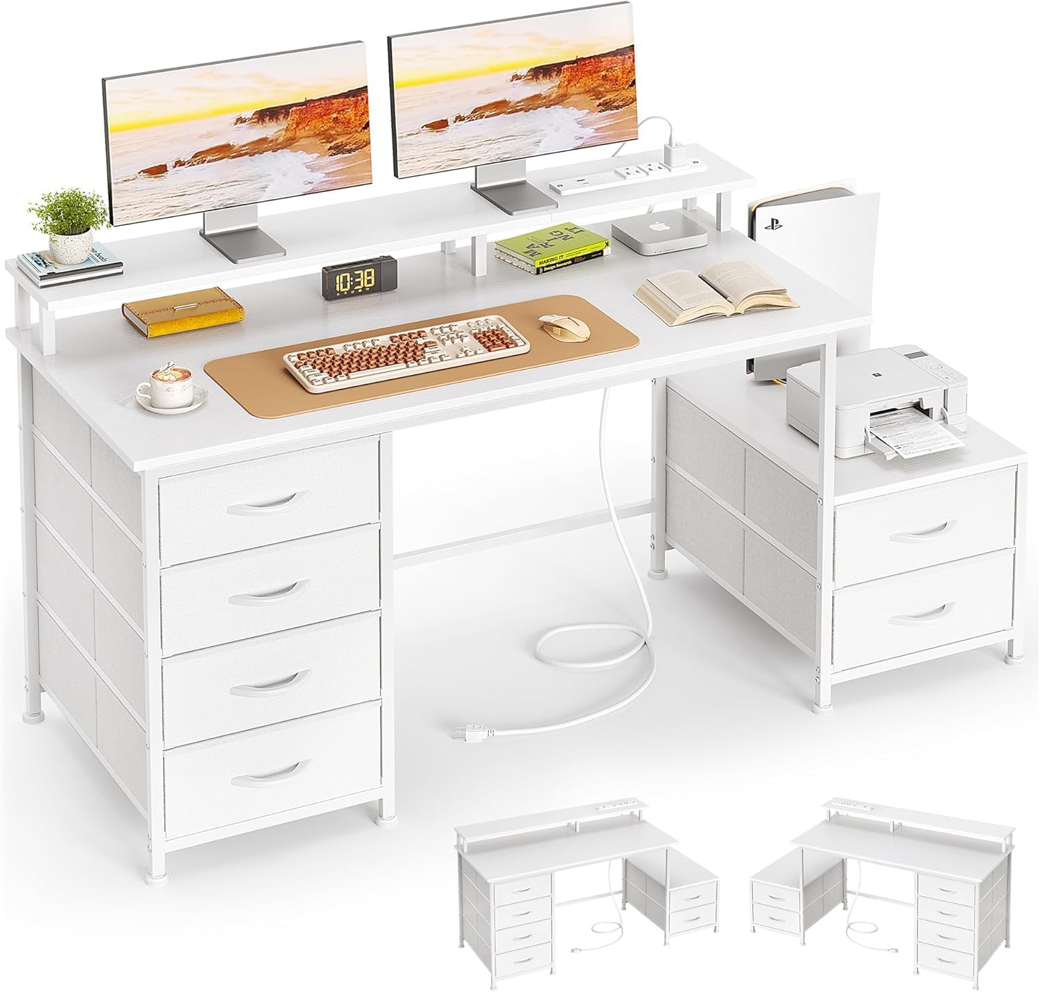 52 Inch Office Desk with 6 Drawers and Printer Space for Storage, Reversible Computer Desk with Monitor Stand & Power Outlets, Home Office Desks, White