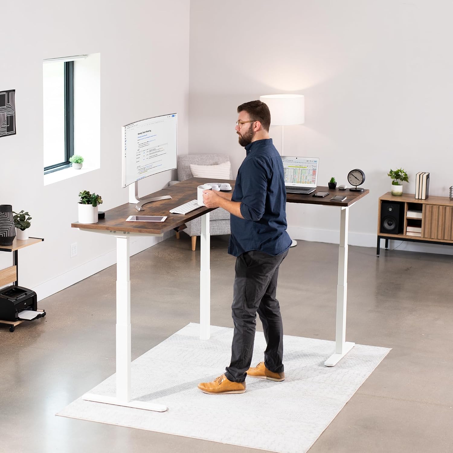 VIVO Electric Triple Motor Height Adjustable 3 Leg Corner Desk Frame, up to 300lbs, Sit Stand Ergonomic L Shaped Frame Only, White, DESK-V130EW