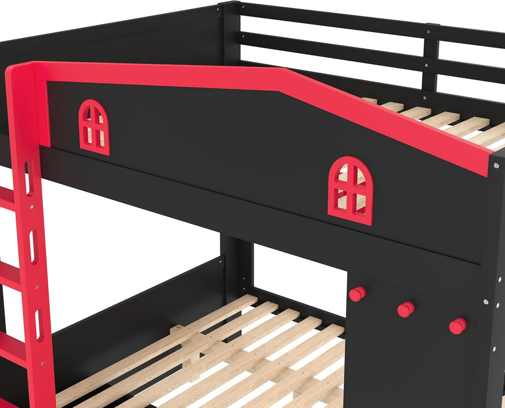 Queen Over Queen Bunk Bed with Storage Drawers, Hooks and Storage Shelves, Solid Wood Bunk Beds for Kids Teens, Bedroom Space-Saving Furniture (Black+Red/D)