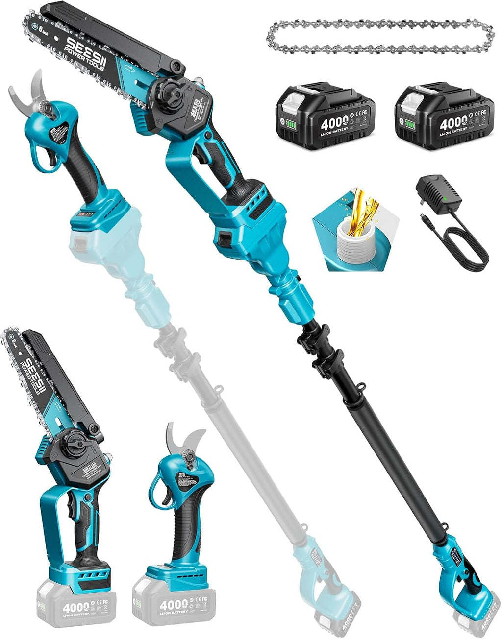SEESII 4-in-1 Pole Saw & Pruning Shears Combo Kit, 6 Inch Mini Chainsaw for Tree Trimming, Battery Powered Chain Saw with Extension Pole, Limb Branch Cutter Pruner with 2 x 4000mAh Batteries