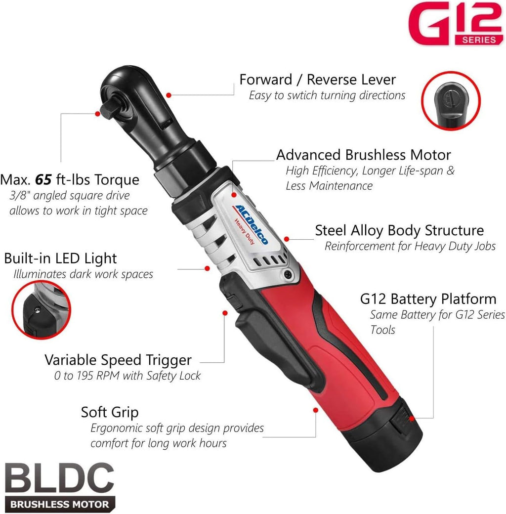ACDelco G12 Series 2-Tool Combo Kit- 1/4' & 3/8' Brushless Ratchet Wrench, ARW12103-K8