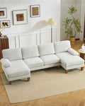 Karl home 110' U-Shape Sectional Couches for Living Room Chenille Upholstery 4 Seat Sofa Set with Double Chaises & Wood Grain Legs for Apartment, White
