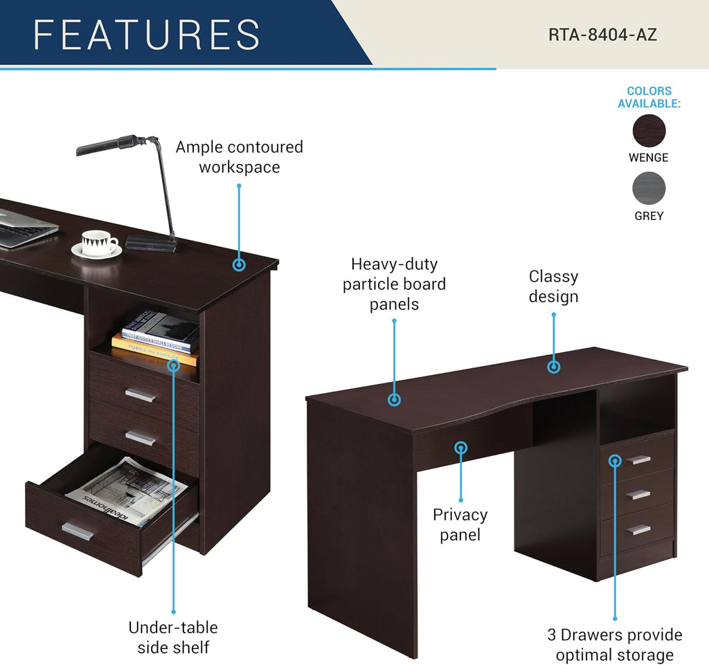 Techni Mobili 51' Classic Computer Desk with Drawers, 3-Drawer Home Office Desk with Storage (Brown)