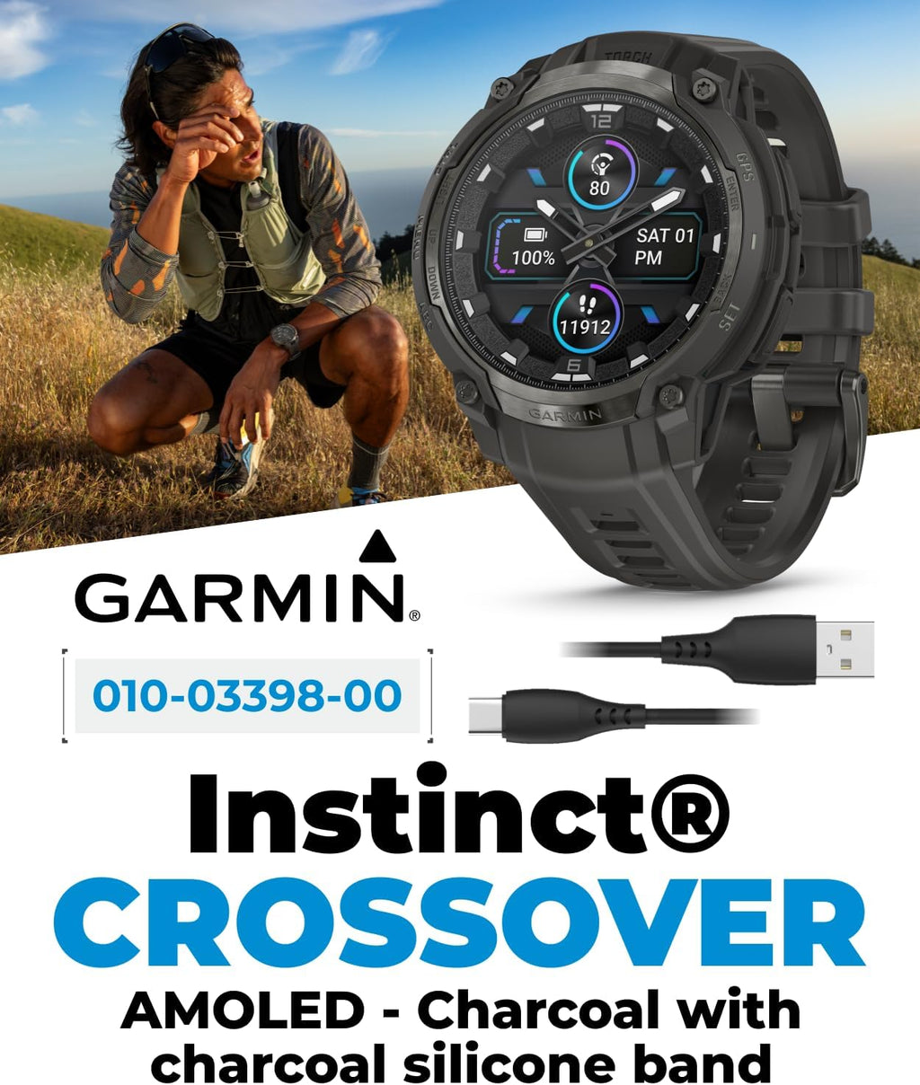 Garmin Instinct Crossover 1.2' AMOLED Sapphire Rugged Hybrid GPS Smartwatch, Analog Hands, Health & Wellness Monitoring, Charcoal Black Earbuds Bundle