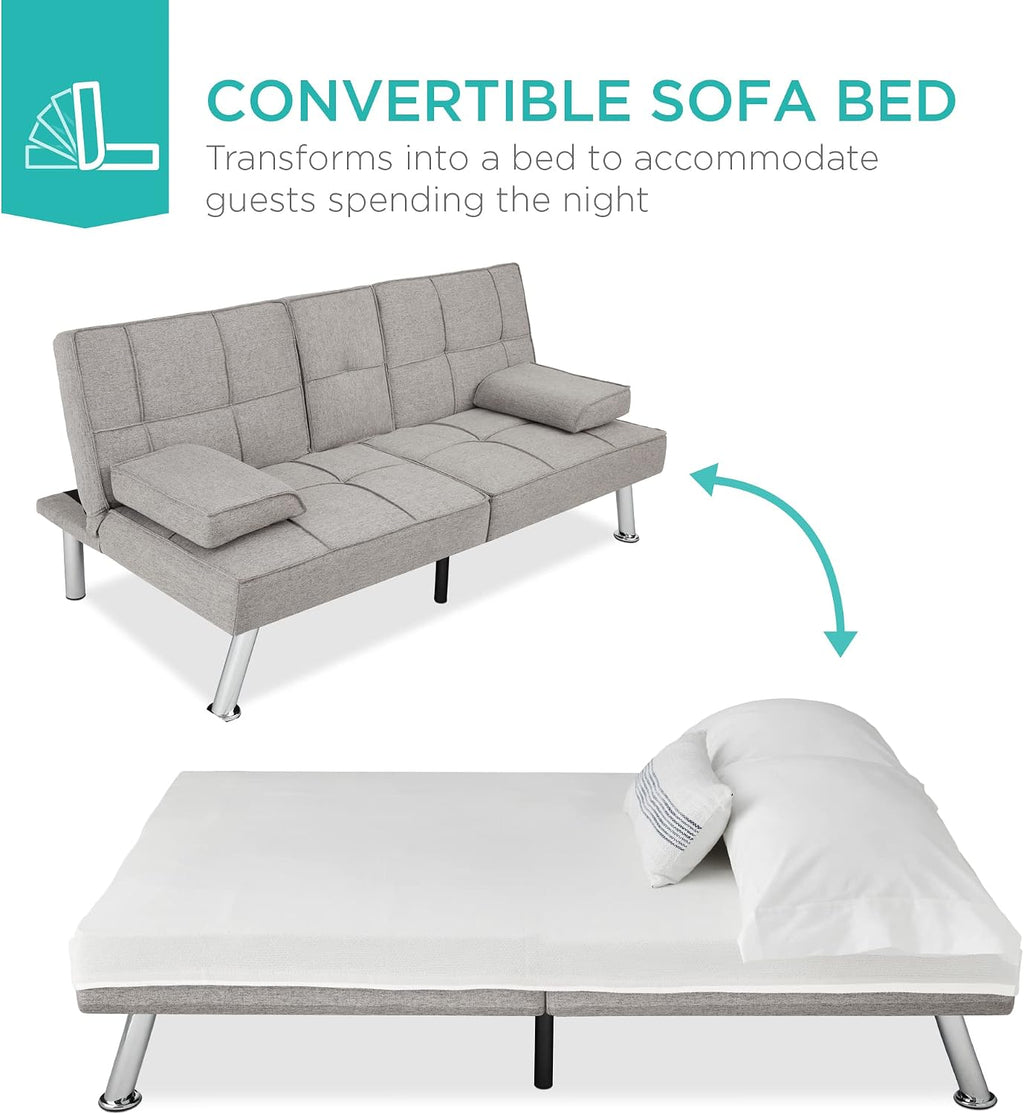 Best Choice Products Linen Modern Folding Futon, Reclining Sofa Bed for Apartment, Dorm w/Removable Armrests, 2 Cupholders - Light Gray
