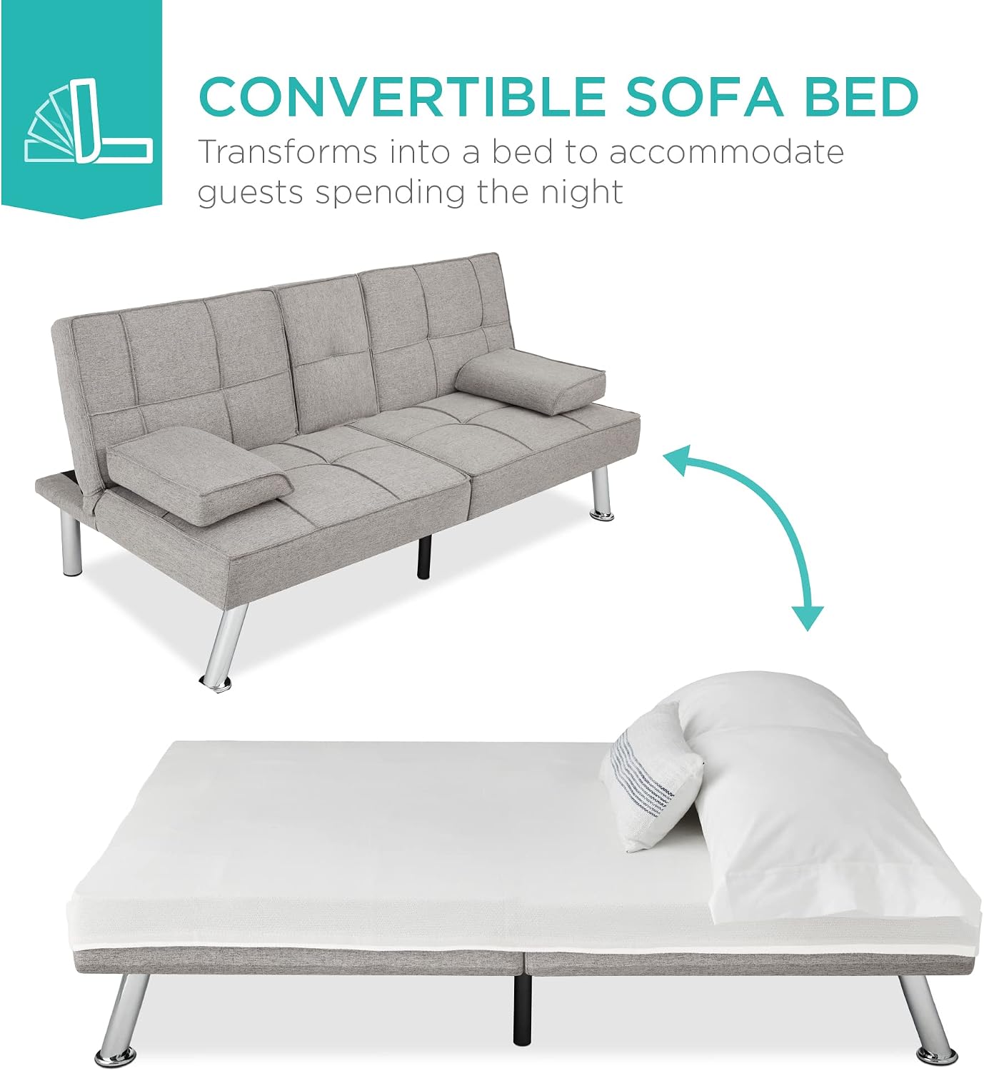 Best Choice Products Linen Modern Folding Futon, Reclining Sofa Bed for Apartment, Dorm w/Removable Armrests, 2 Cupholders - Light Gray