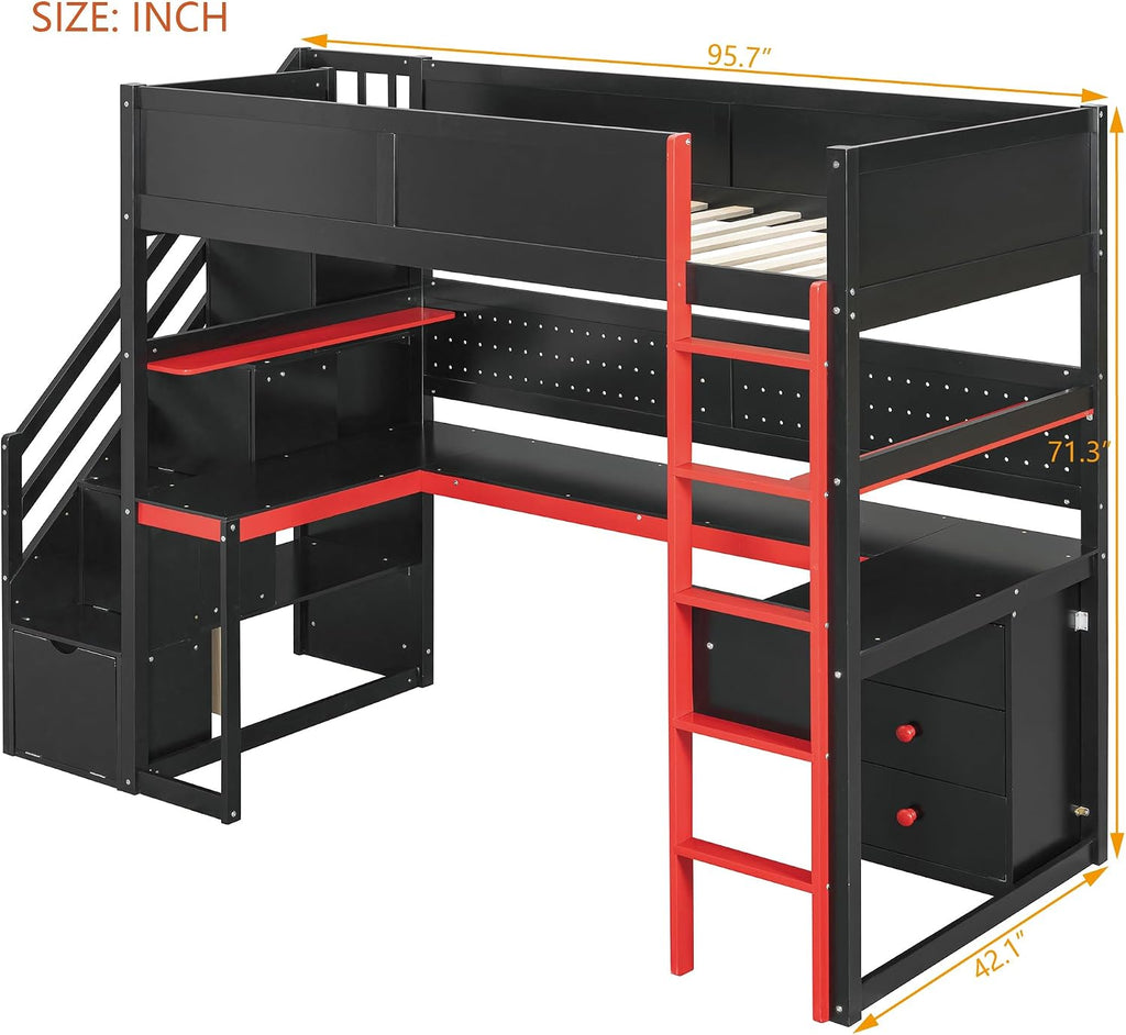 Merax Wooden Gaming Loft Bed with Storage Stairs, Desk, Shelves & Pegboard, Twin Size, Black+Red