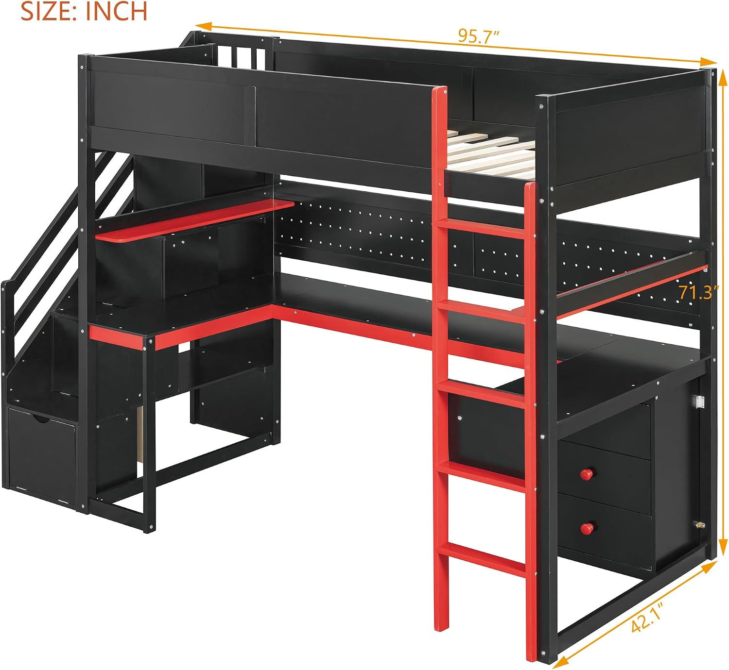 Merax Wooden Gaming Loft Bed with Storage Stairs, Desk, Shelves & Pegboard, Twin Size, Black+Red