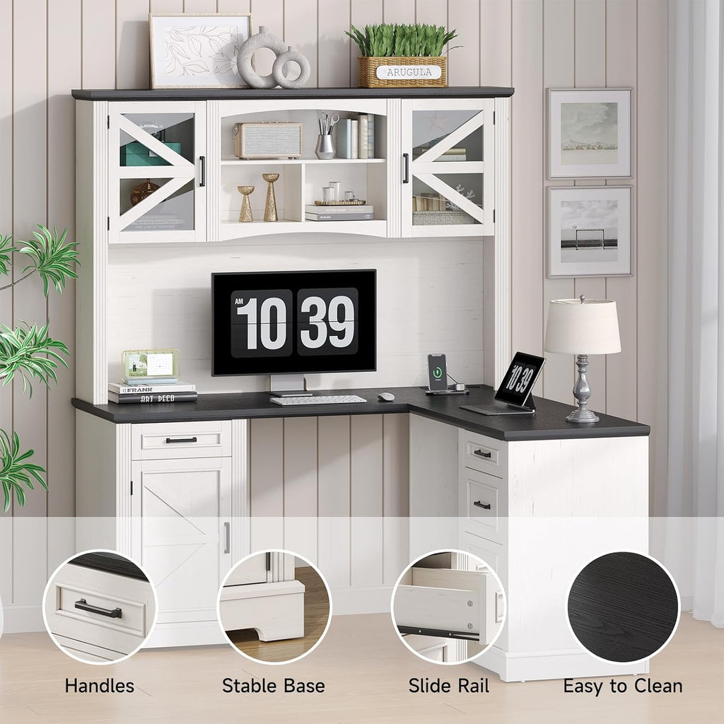 ONBRILL 72' L-Shaped Executive Desk with Hutch, Farmhouse L-Shaped Computer Desk with 4 Drawers, File Drawer and Power Outlet, Home Office Computer Desk for Living Room,Study Room (Off White& Black)