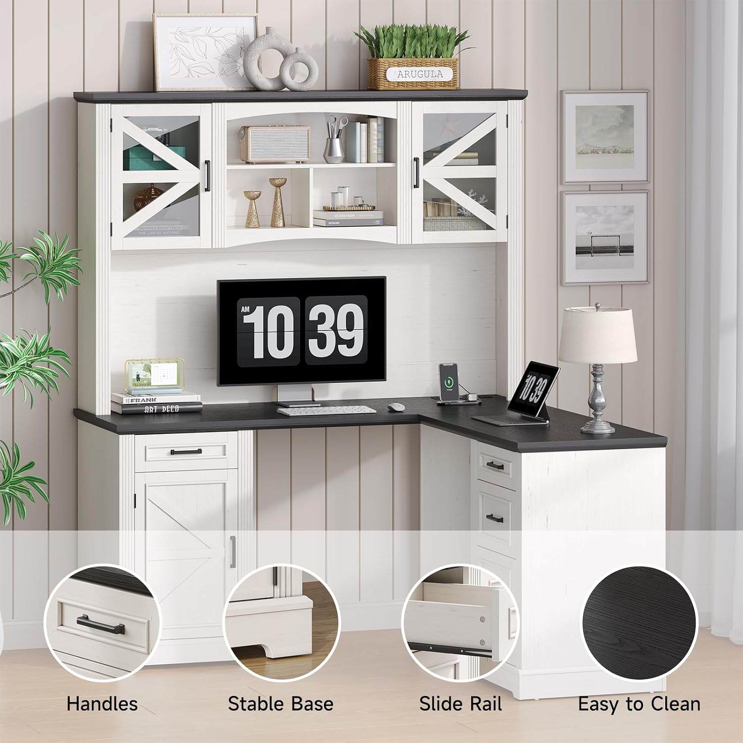 ONBRILL 72' L-Shaped Executive Desk with Hutch, Farmhouse L-Shaped Computer Desk with 4 Drawers, File Drawer and Power Outlet, Home Office Computer Desk for Living Room,Study Room (Off White& Black)