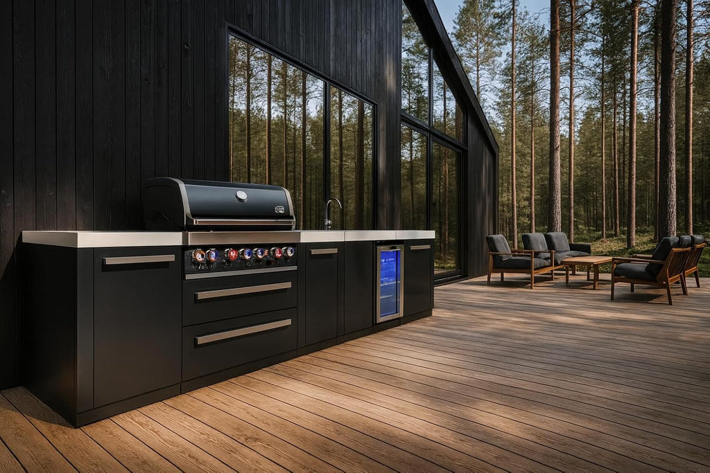 Mont Alpi Premium 157' Black Stainless Steel Outdoor Kitchen Island with Refrigerator + Beverage Center Faucet & Sink + 44'W 6-Burner BBQ Gas Grill + Granite Countertops + Storage Cabinets & Drawers