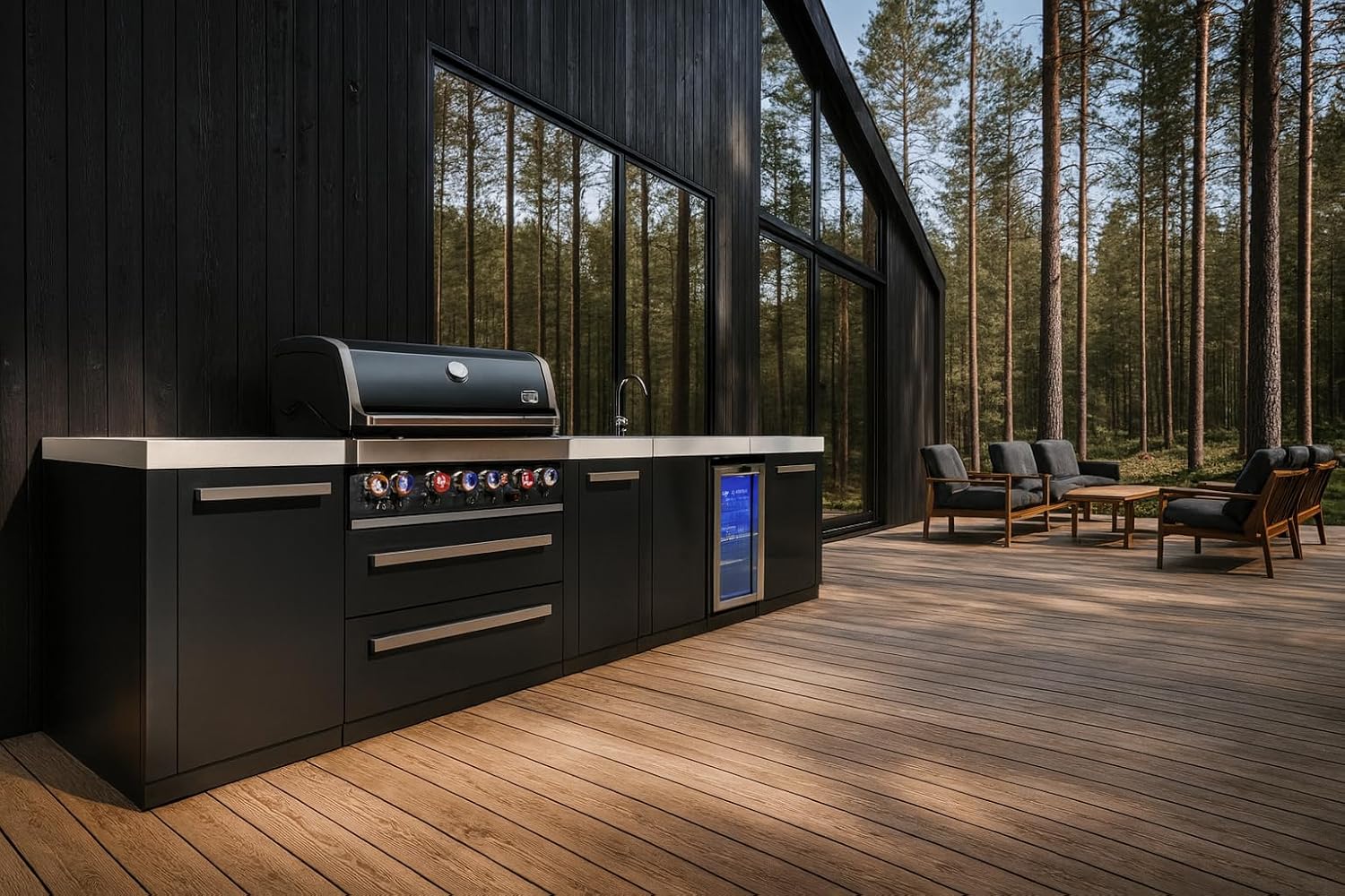 Mont Alpi Premium 157' Black Stainless Steel Outdoor Kitchen Island with Refrigerator + Beverage Center Faucet & Sink + 44'W 6-Burner BBQ Gas Grill + Granite Countertops + Storage Cabinets & Drawers