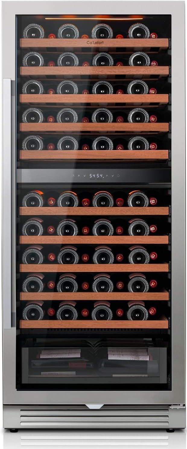 Ca'Lefort 90 Bottle Wine Fridge - 24 Inch Dual Zone Wine Cooler 40-65°F with Bottom Drawer, 10 Adjustable Shelves & 3 LED Lights, Energy Star Certified Built-in or Freestanding for Home/Bar/Kitchen