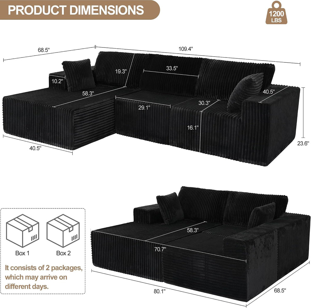 L Shaped Modular Boneless Sectional Couches for Living Room, Wide Armrest, Deep Seat, Memory Foam, Assembly Free, Modern Comfy Corduroy Fluffy Cloud Sofa with Left Chaise, Black