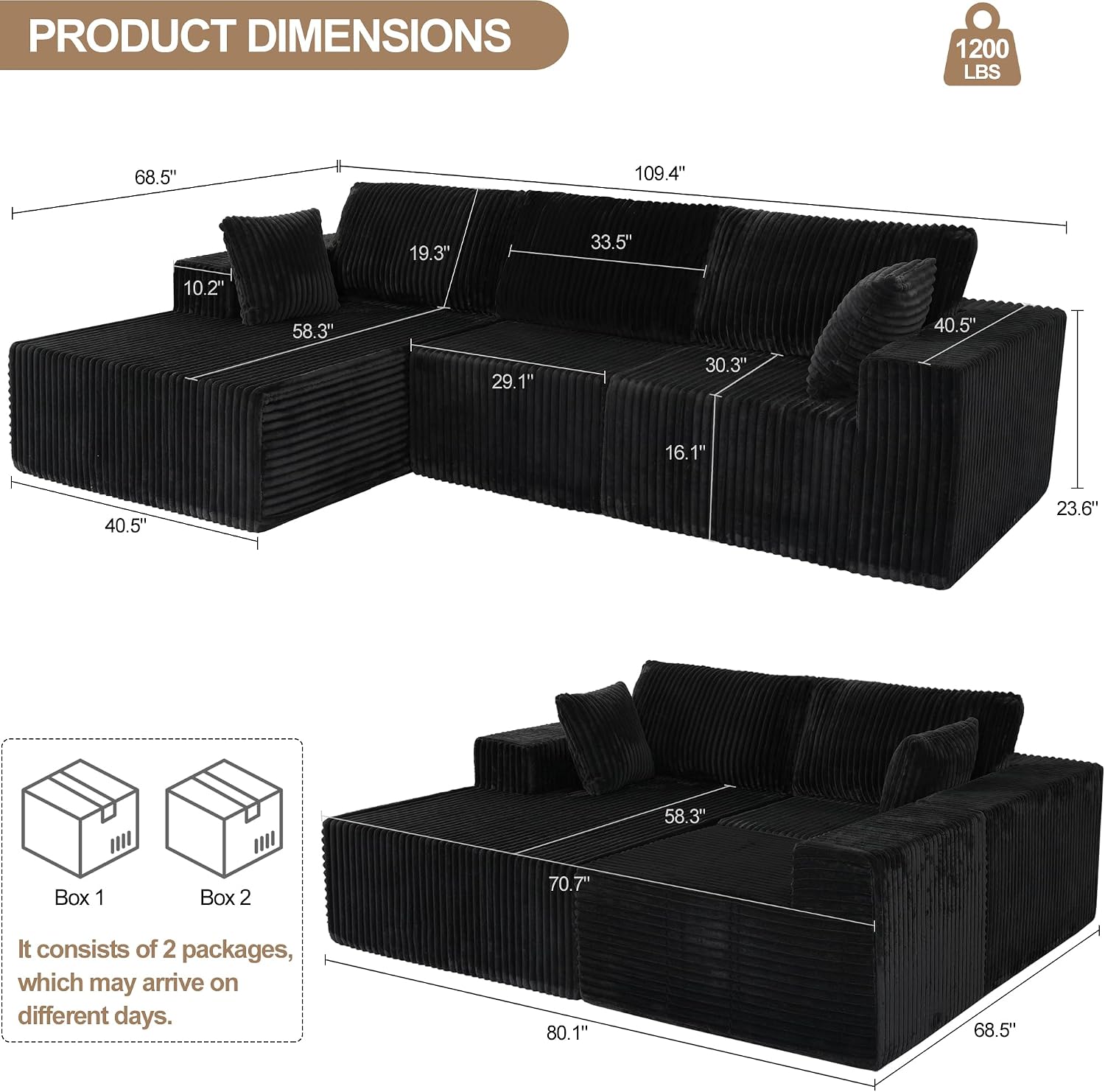L Shaped Modular Boneless Sectional Couches for Living Room, Wide Armrest, Deep Seat, Memory Foam, Assembly Free, Modern Comfy Corduroy Fluffy Cloud Sofa with Left Chaise, Black