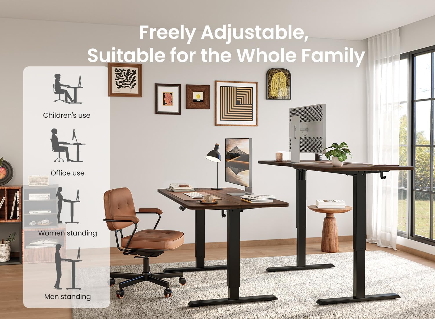 BANTI 55 × 24 Inches Standing Desk, Ergonomic, Electric Height Adjustable, Sit and Stand Up, Computer Office Desk with Splice Board, Black Frame/Black Walnut Top