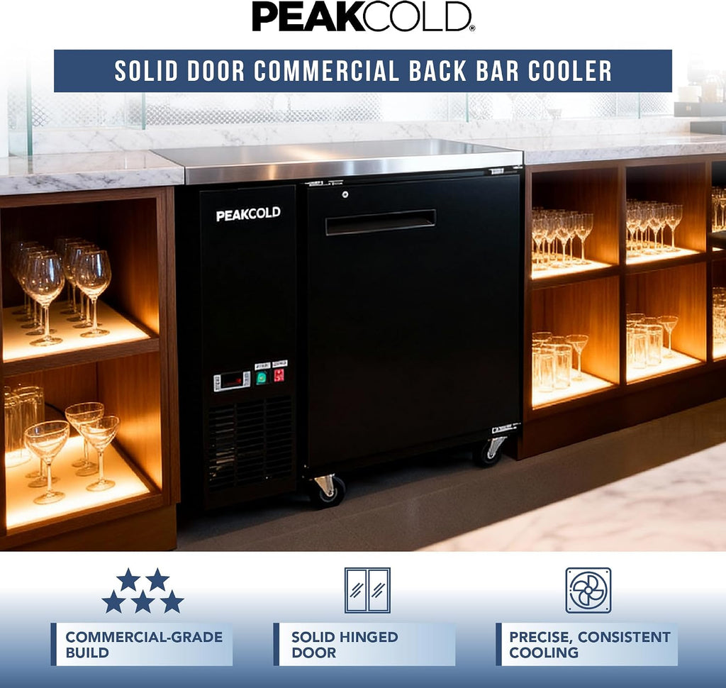 PEAKCOLD 1-Door Counter Height Beverage Refrigerator - 36' Wide Energy Efficient Solid Black Beer Cooler & Bar Fridge With White LED Lighting - Commercial Back Bar Cooler