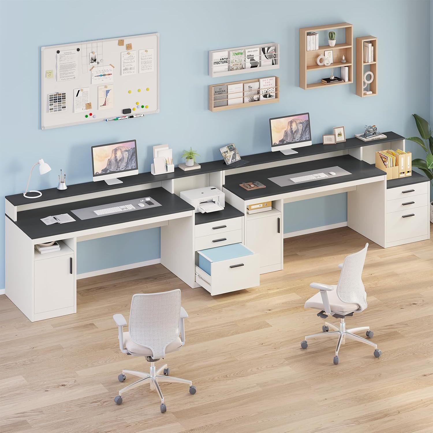 YOMILUVE 65 Inch Computer Desk with 3 Drawers & Storage Shelves, Executive Desk with File Drawer & Cabinet, Home Office Desk with Long Monitor Stand & Printer Shelf, Black & White