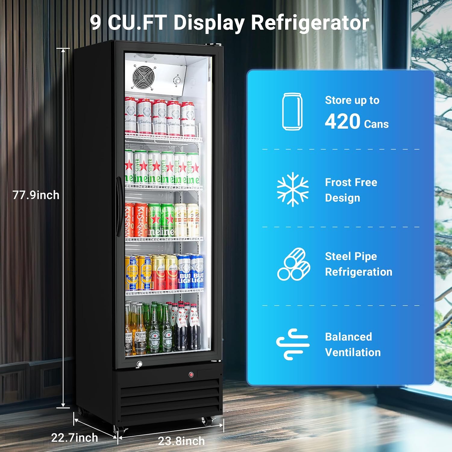 BODEGACOOLER 12.5 Cu.Ft Commercial Beverage Refrigerator with Glass Door,Commercial Drink Refrigerator,Upright Large Display Merchandiser Beverage Bar Cooler with Soft LED Light,Adjustable Shelves