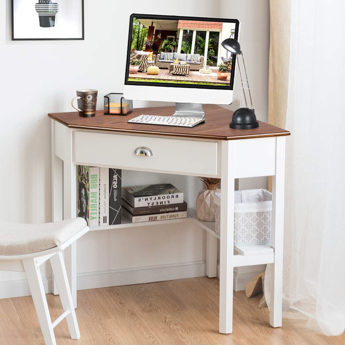 Corner Computer Desk, Space-Saving Corner Table with Drawer & Shelves, Home Office 90° Triangle Corner Workstation, Modern Makeup Vanity Table, Corner Desk for Small Spaces (Natural & White)