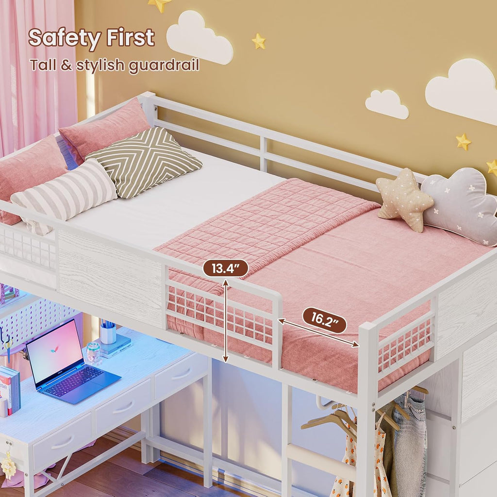 ADORNEVE Twin Size Loft Bed with Desk, 11 Storage Drawers & RGB LED Lights, Metal Loft Bed with Power Outlet, Shelves & Clothing Rack, 13.4' H Safety Guard & Paded Ladder, White