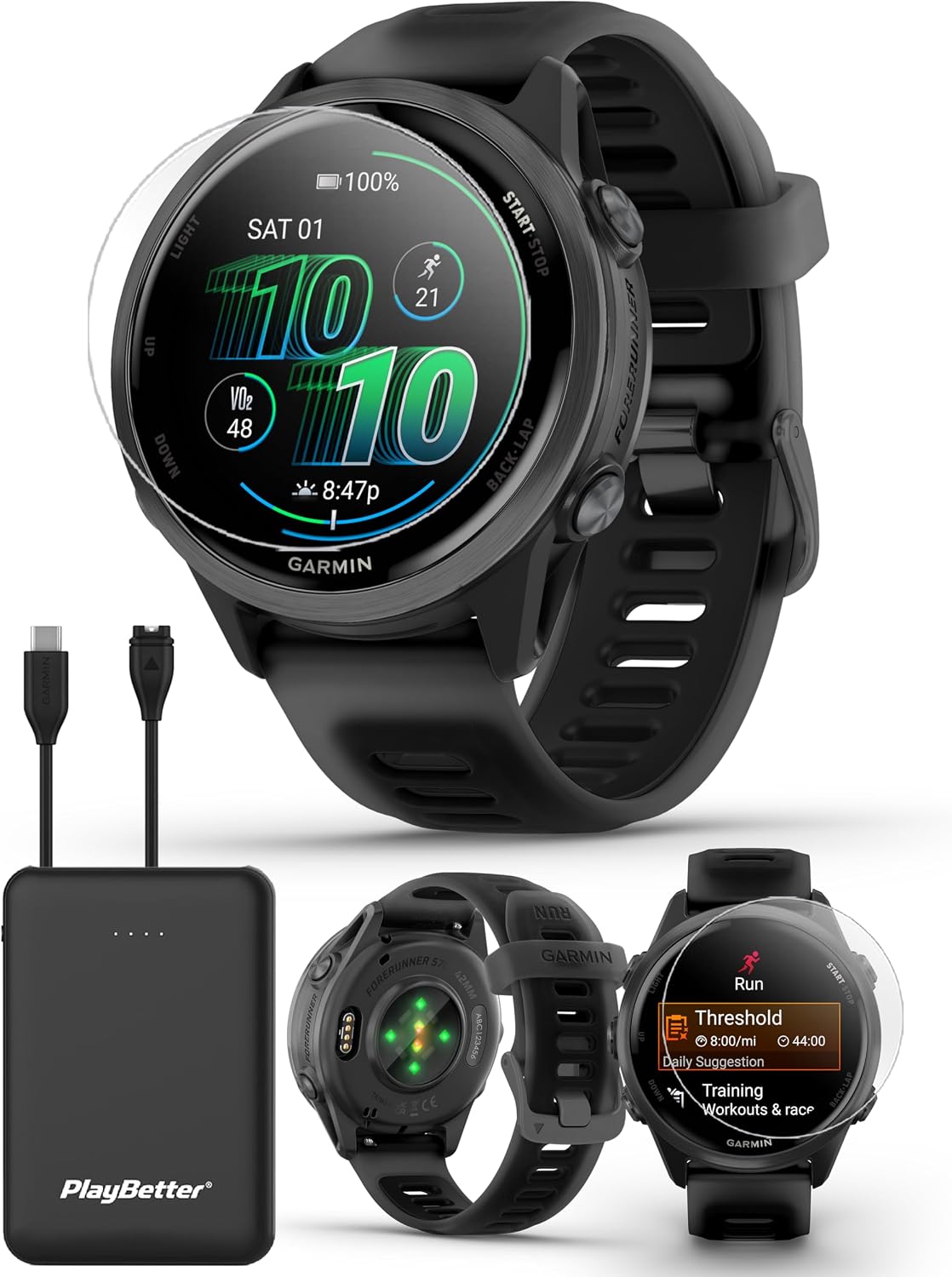 PlayBetter Garmin Forerunner 570 (42 mm, Slate Gray/Translucent Black) Running GPS Smartwatch - AMOLED Display, Training & Recovery - Bundle Portable Charger & HD Screen Protectors