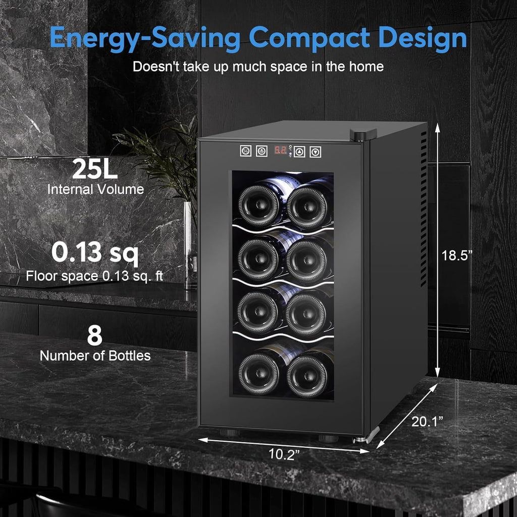 8 Bottles Wine Cooler Refrigerator, Small Wine Fridge, Mini Wine Fridge Countertop with Glass Door Wine Cellars for Red Wine, Champagne, Dry White Wine, Sparkling Wines