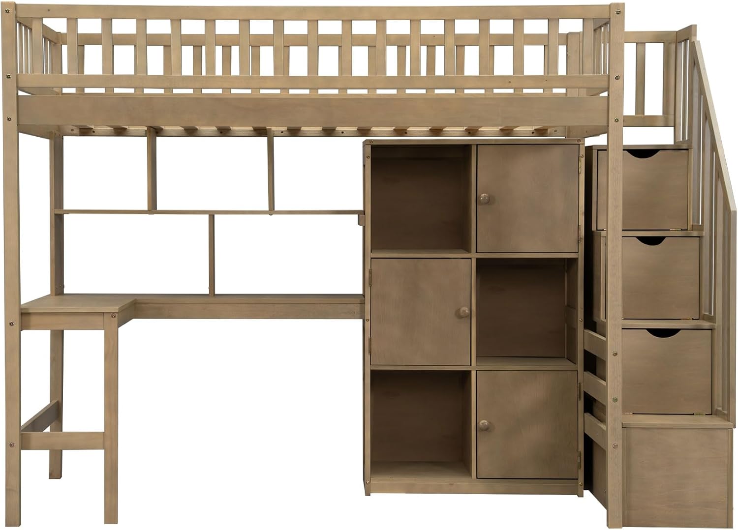MERITLINE Twin Loft Bed with L-Shaped Desk and Storage Stairs, Solid Wood Loft Bed with LED Lights,Storage Shelves and Cabinets,Stairway Bed Frame with Bookshelves for Teens Adults (Walnut)