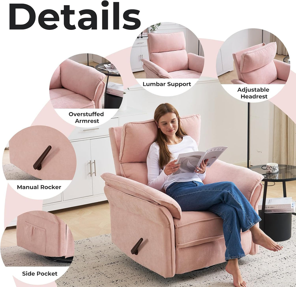 Oversized Recliner Chair, 26' Extra Wide 360° Swivel Rocker Recliner with Adjustable Headrest, Chenille Glider Rocking Nursery Chair with Overstuffed Armrest, Lumbar Support, Pink