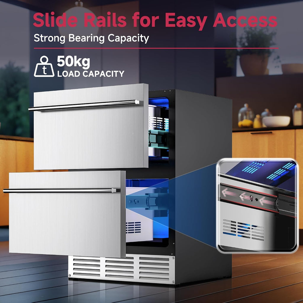 Icyglee 24 Inch Under Counter Drawer Fridge, Stainless Steel Beverage Refrigerator Built-In For Home & Commercial Use, Stainless Steel Silver, Outdoor Refrigerator for Soda, Beer, Wine