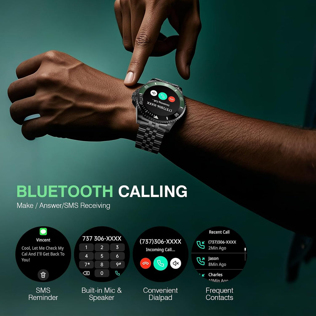 SOUYIE GPT Smart Watch with Bluetooth Call,1.19-inch AMOLED Display, 24/7 Heart Rate, Blood Oxygen, Blood Pressure, Sleep Monitor, 107 Sports Fitness Tracker, Compatible Android and iOS Black Green