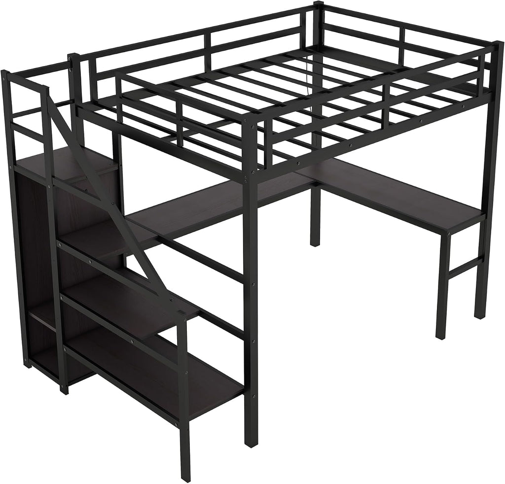 Bellemave Metal Full XL Loft Bed with Desk and Wardrobe,Heavy Duty Loft Bed Frame with Storage Stairs and LED Lights for Kids, Teens, Adults,Space Saving,Black