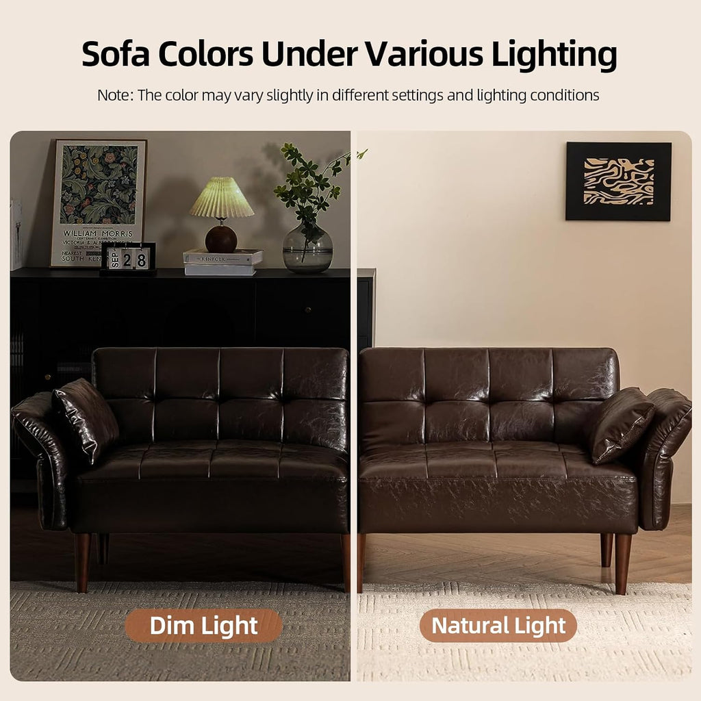 HALLYBEE 85' Futon Sofa Bed, Sleeper Sofa, Small Couch with Storage Adjustable Armrests Pillows, Faux Leather Loveseat, Mid Century Modern Couches for Living Room, Bedroom, Apartment, Coffee Brown