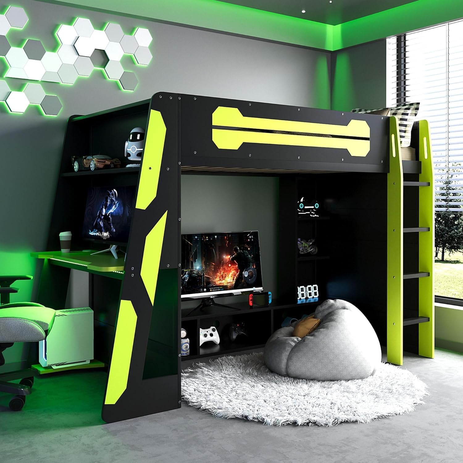 Virubi Twin Gaming Loft Bed with Desk and Storage Shelves & LED RGB Light, Gaming Bed Frame with Storage Shelves,Ladder and Guardrail for Teens Adults (Green,Twin)