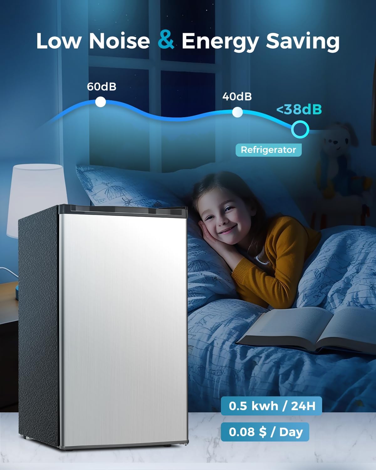 Feelfunn Mini Fridge with Freezer - 3.2 Cu.Ft Single Door Mini Refrigerator with Adjustable Thermostat, Energy Saving, Low Noise, Small Fridge for Bedroom, Office, Dorm, Apartment, Classroom - Silver