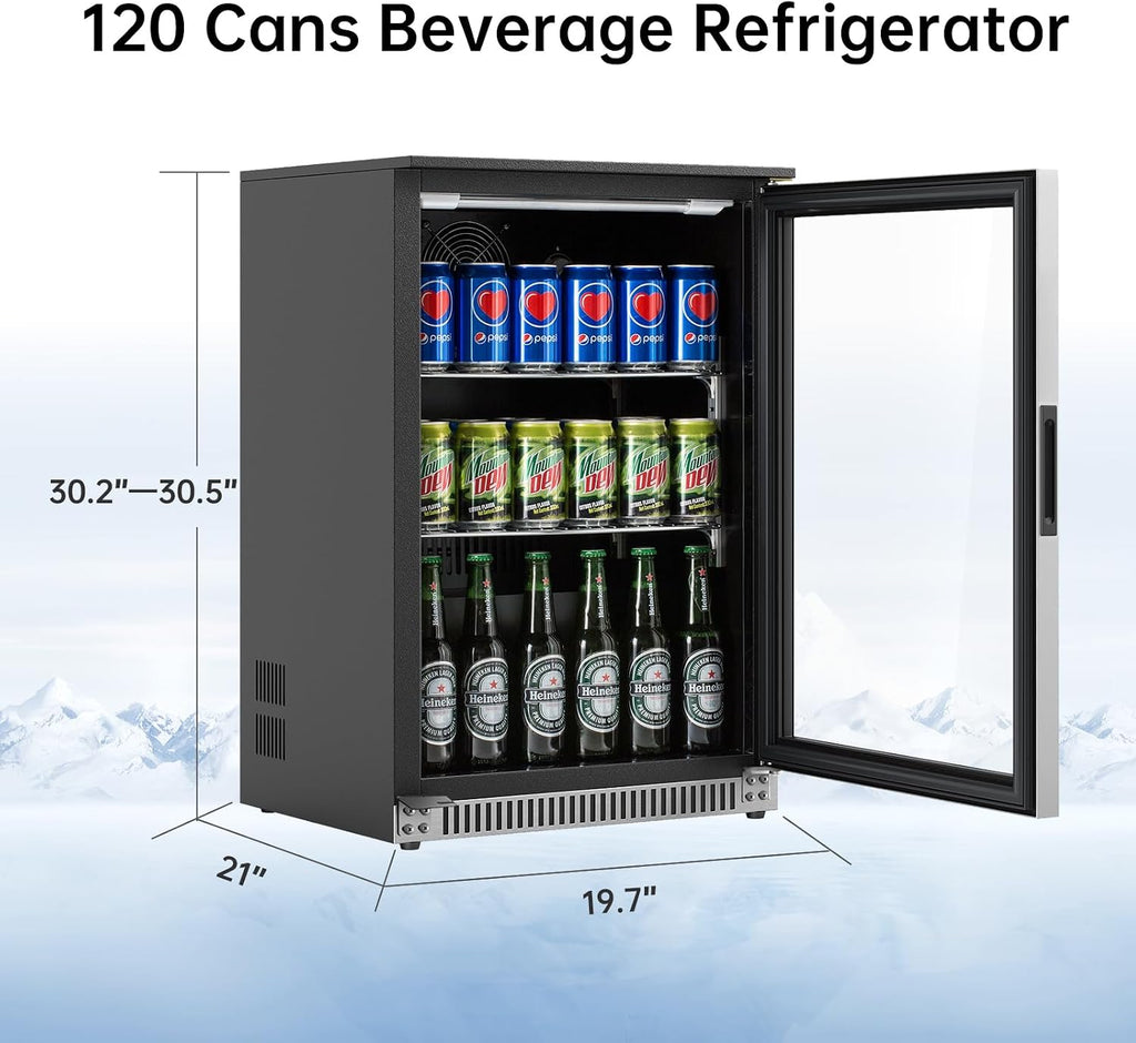 Weili 20 Inch Built in Beverage Refrigerator with Lock, Under Counter or Freestanding 120 Can Soda Beer Drink Cooler Fridge with Stainless Steel and Glass Door