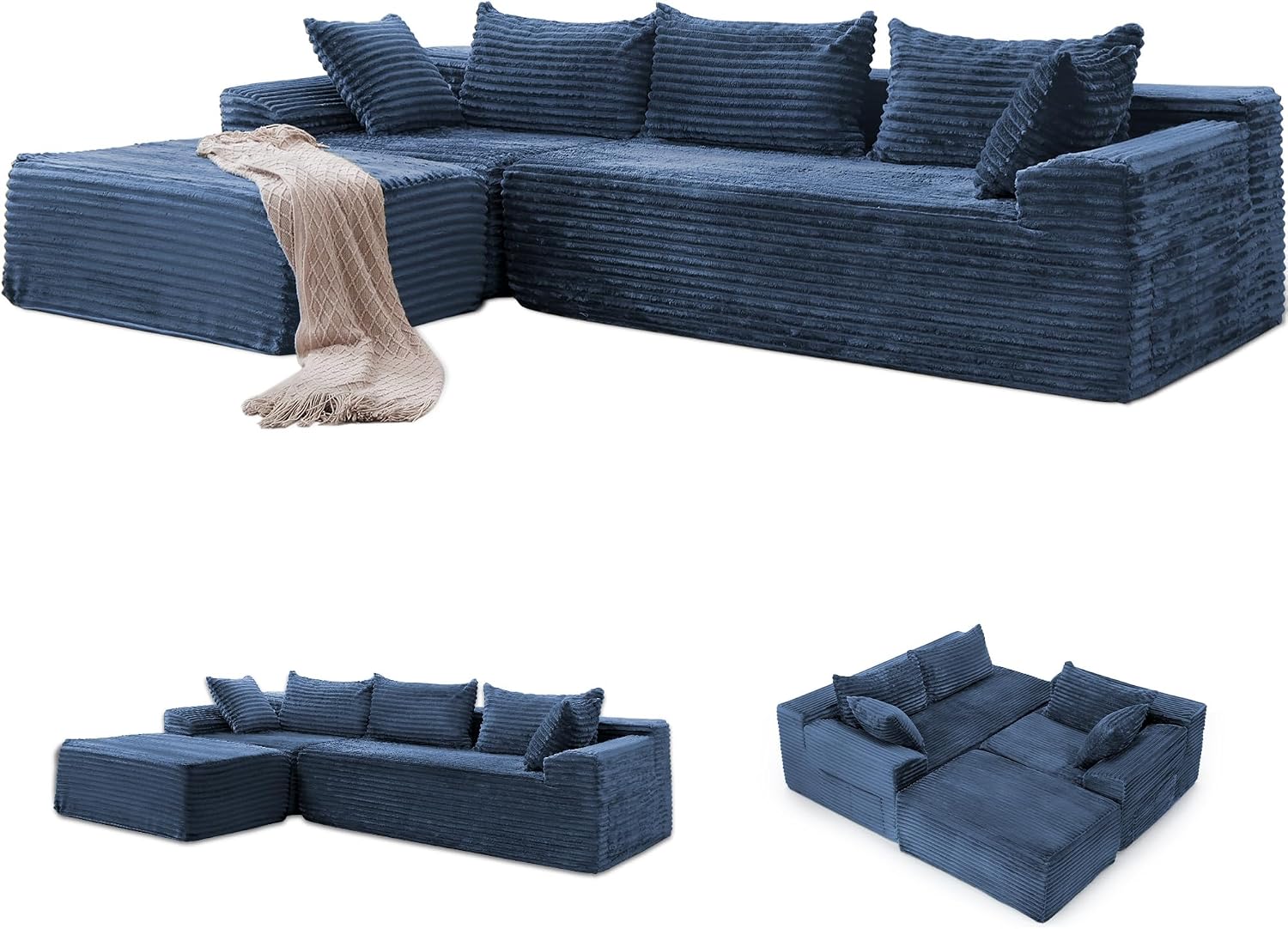 Korser 110' L-Shaped Modular Sectional Sofa with Chaise, Boneless Comfy Corduroy Fluffy Couch with Deep Seat and Side Pockets, Flexible Module Combination for Living Room, No Assembly, Side Pockets