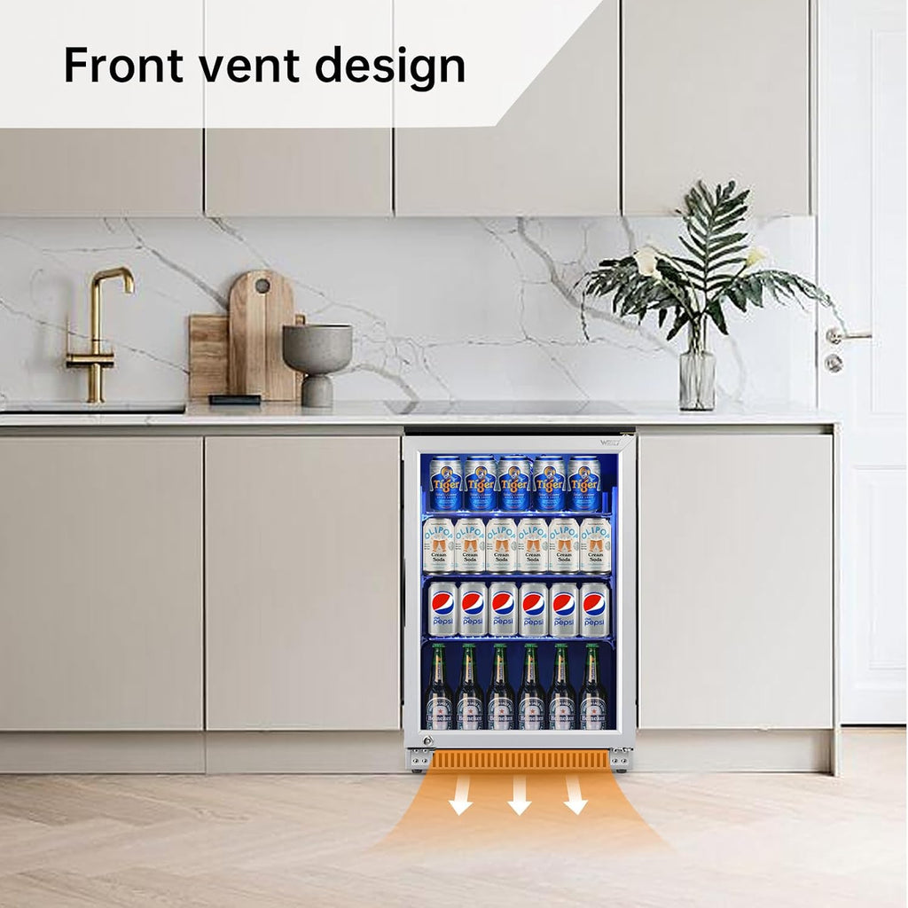Weili 20 Inch Built in Beverage Refrigerator with Lock, Under Counter or Freestanding 120 Can Soda Beer Drink Cooler Fridge with Stainless Steel and Glass Door