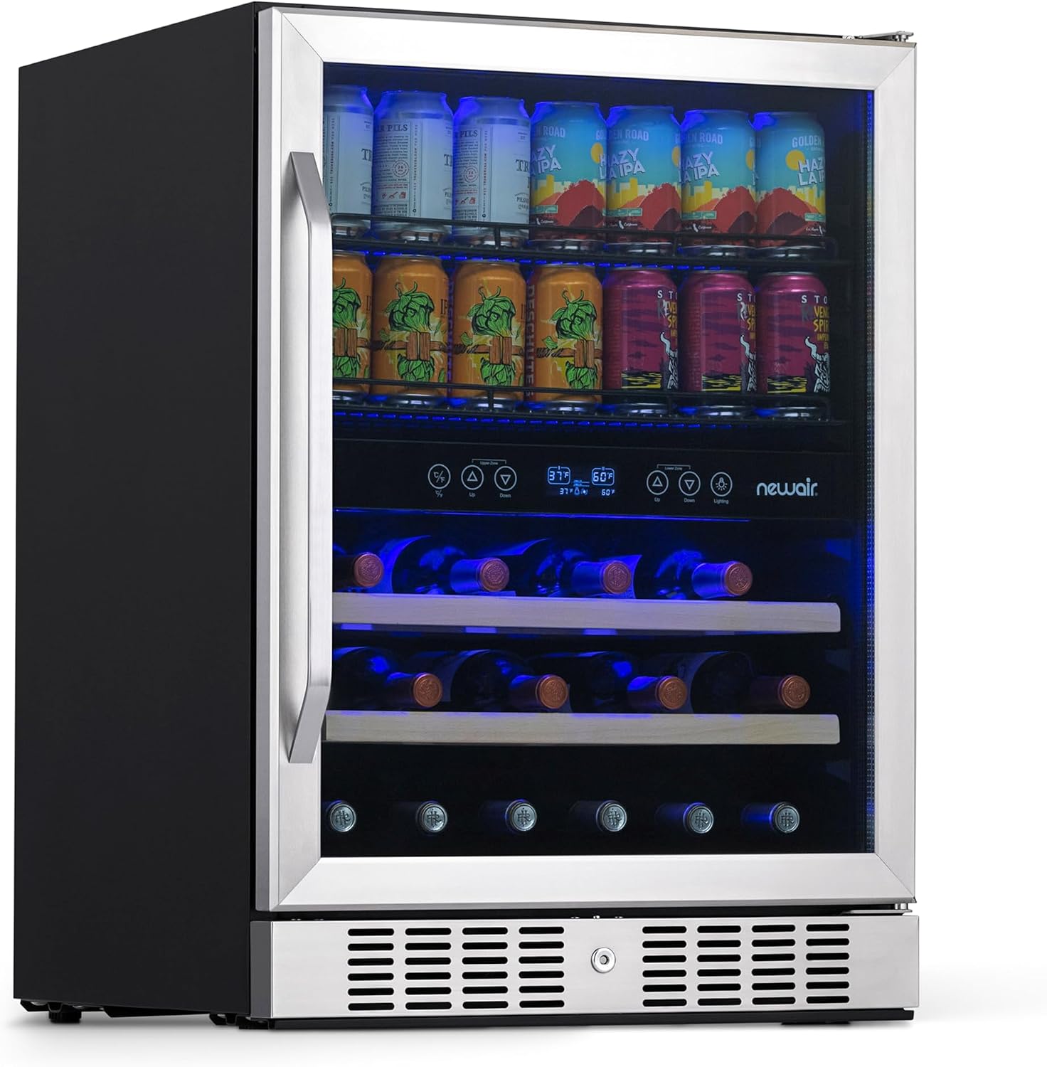 NewAir 24' Dual Zone Beverage Refrigerator & Wine Cooler for 20 Bottles & 70 Cans | Freestanding or Built-In Under Counter Mini Fridge for Beer, Wine and Soda | Stainless Steel