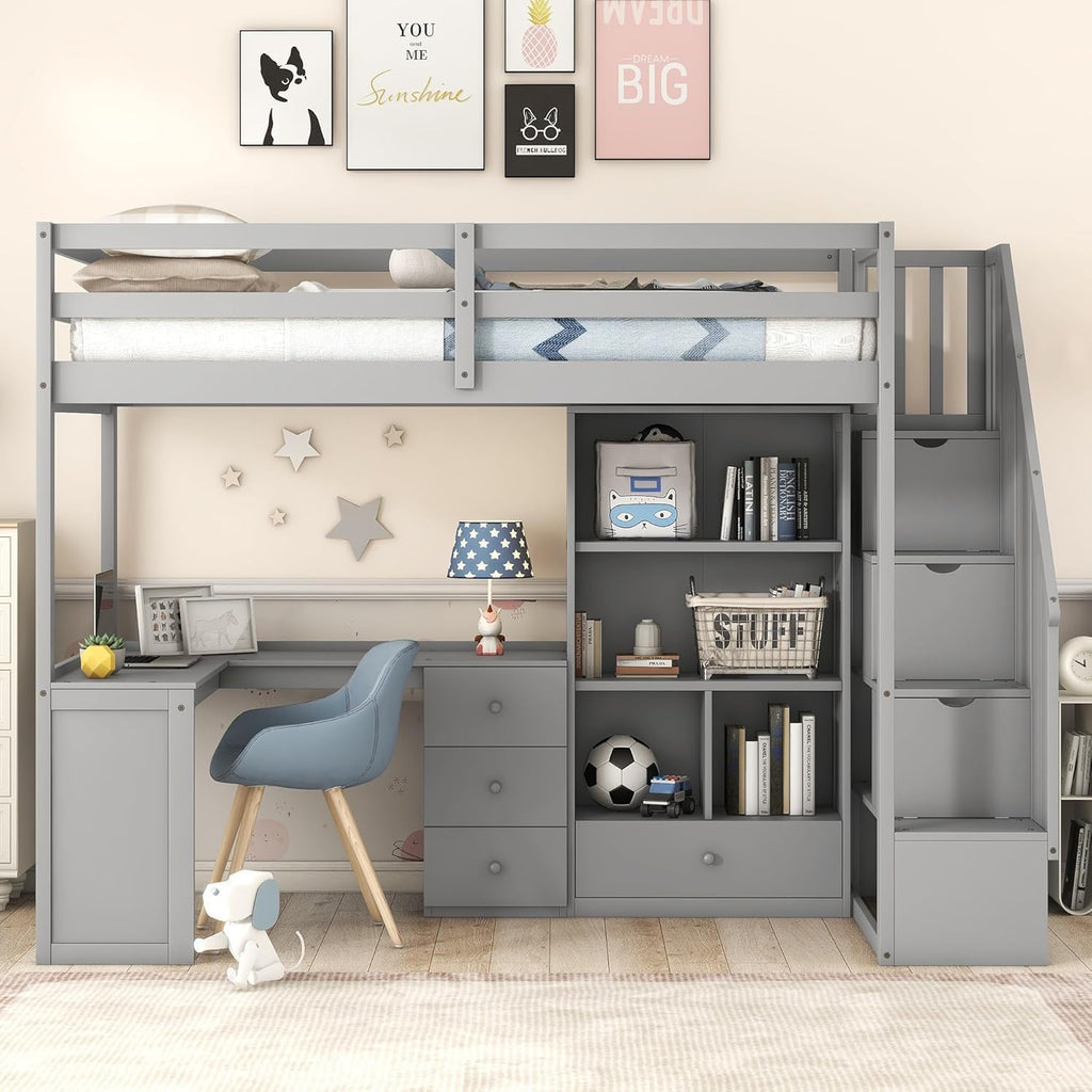MERITLINE Twin Size Loft Bed with L-Shaped Desk,Storage Staircase,and Guardrails,Wood High Loft Bed with Storage Bookcase and 4 Drawers,for Adults, No Box Spring Needed (Grey)