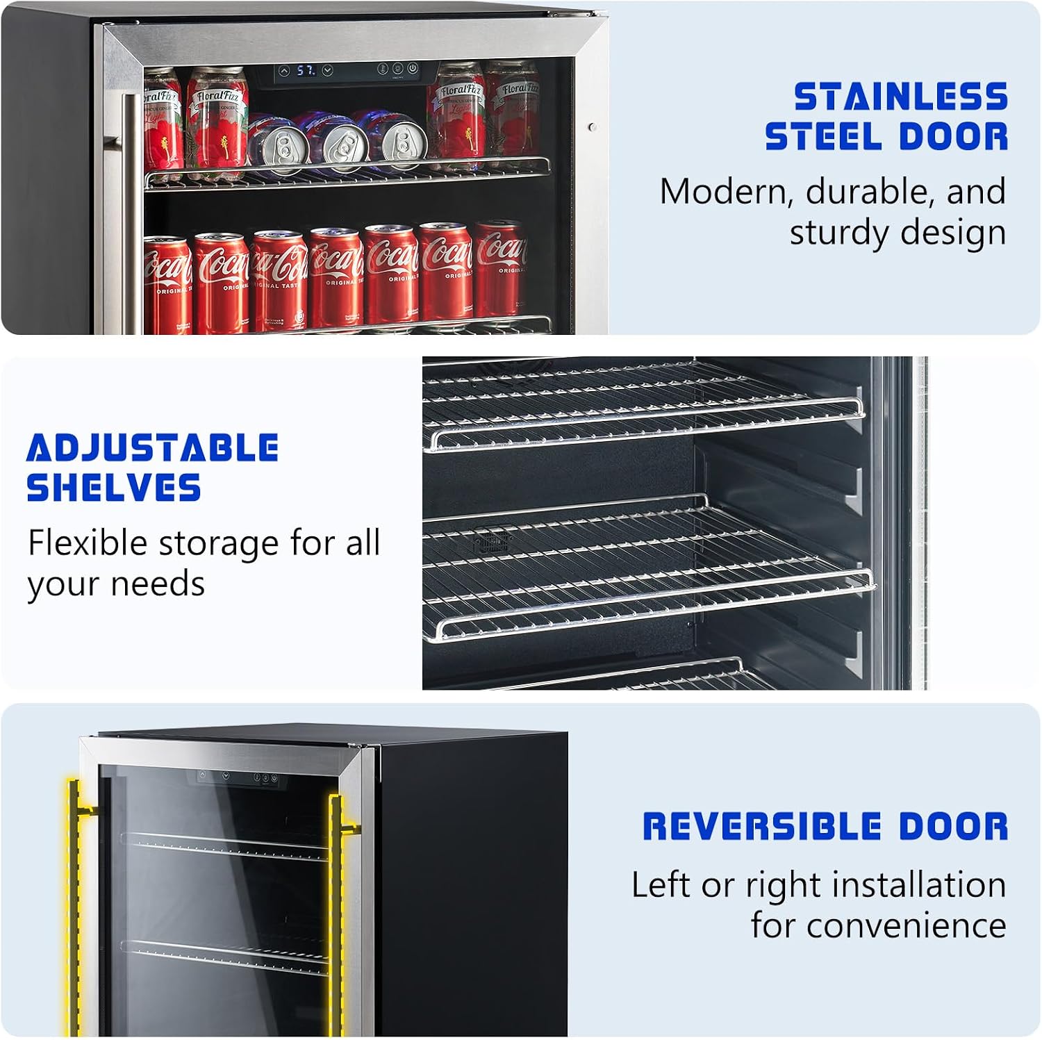 Jocisland 24 Inch Beverage Refrigerator, Built-In or Freestanding Fridge with Glass Door, LED Touch Control, Adjustable Shelves, Holds 207 Cans, Under Counter Beer & Wine Cooler, 34–64℉