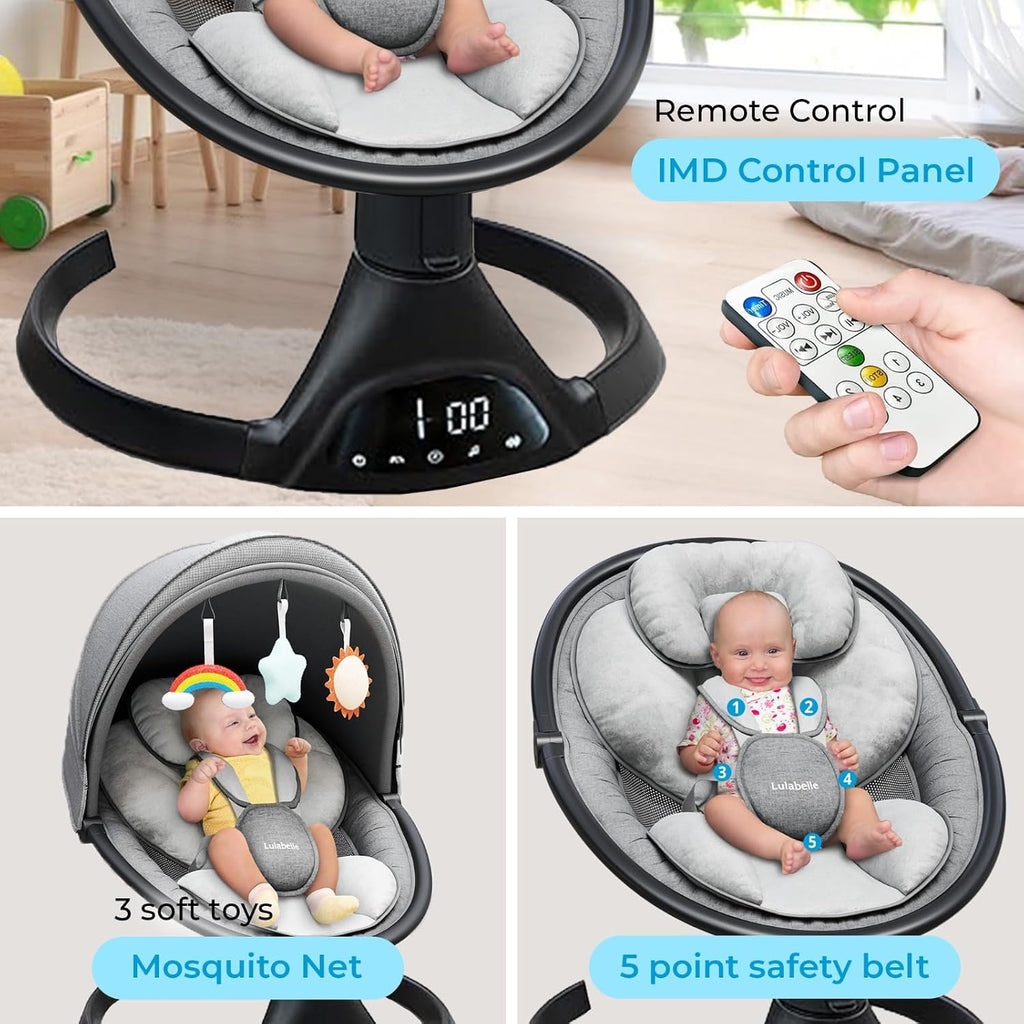 Lulabelle Baby Swings for Infants, 3-in-1 Infant Swing, 5 Sway Speeds | 10 Preset Lullabies & Bluetooth, Portable Newborn Swing for Home or Travel | Electric Baby Swing with Adjustable Height